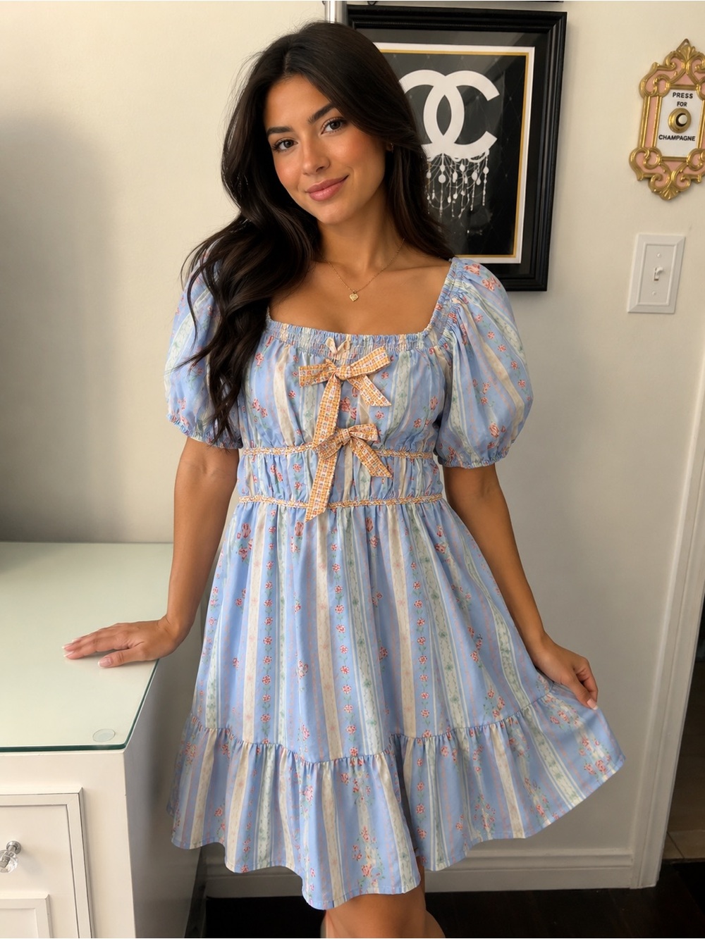 NWT Easel Light Blue Floral Mini Dress with Cream Ribbon
